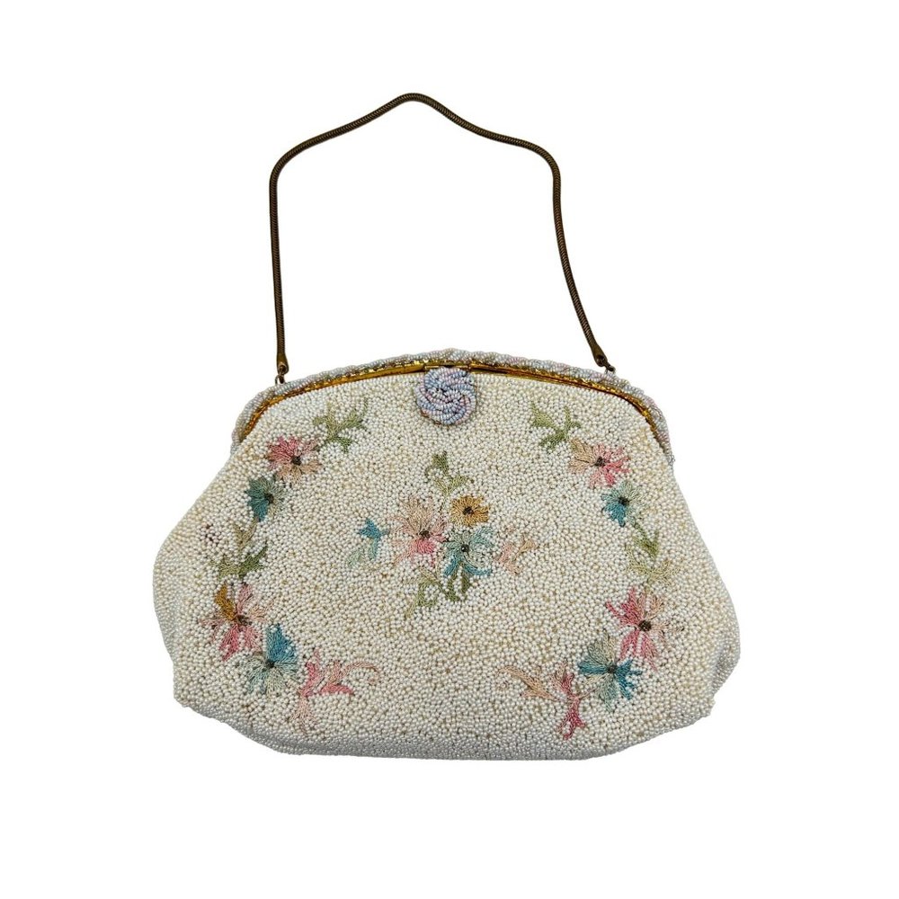 Antique Hand Beaded Purse Made in France Caprice Opera White Floral Handbag